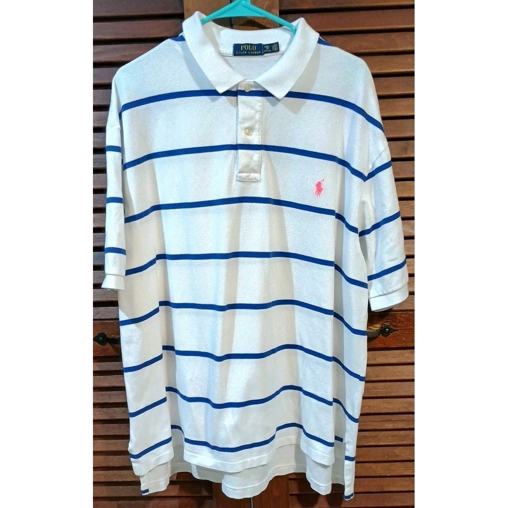 POLO Ralph Lauren Shirt White‎ Royal Blue Stripe Size 2 XB Logo Polo Style Shirt